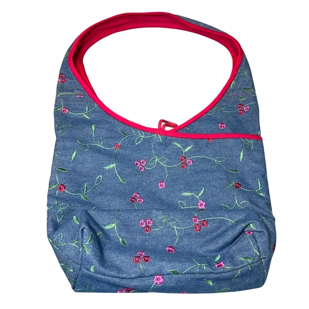 Embroidered Denim Shoulder Bag Floral Print Blue Red Button Hobo Bag Y2K Casual
